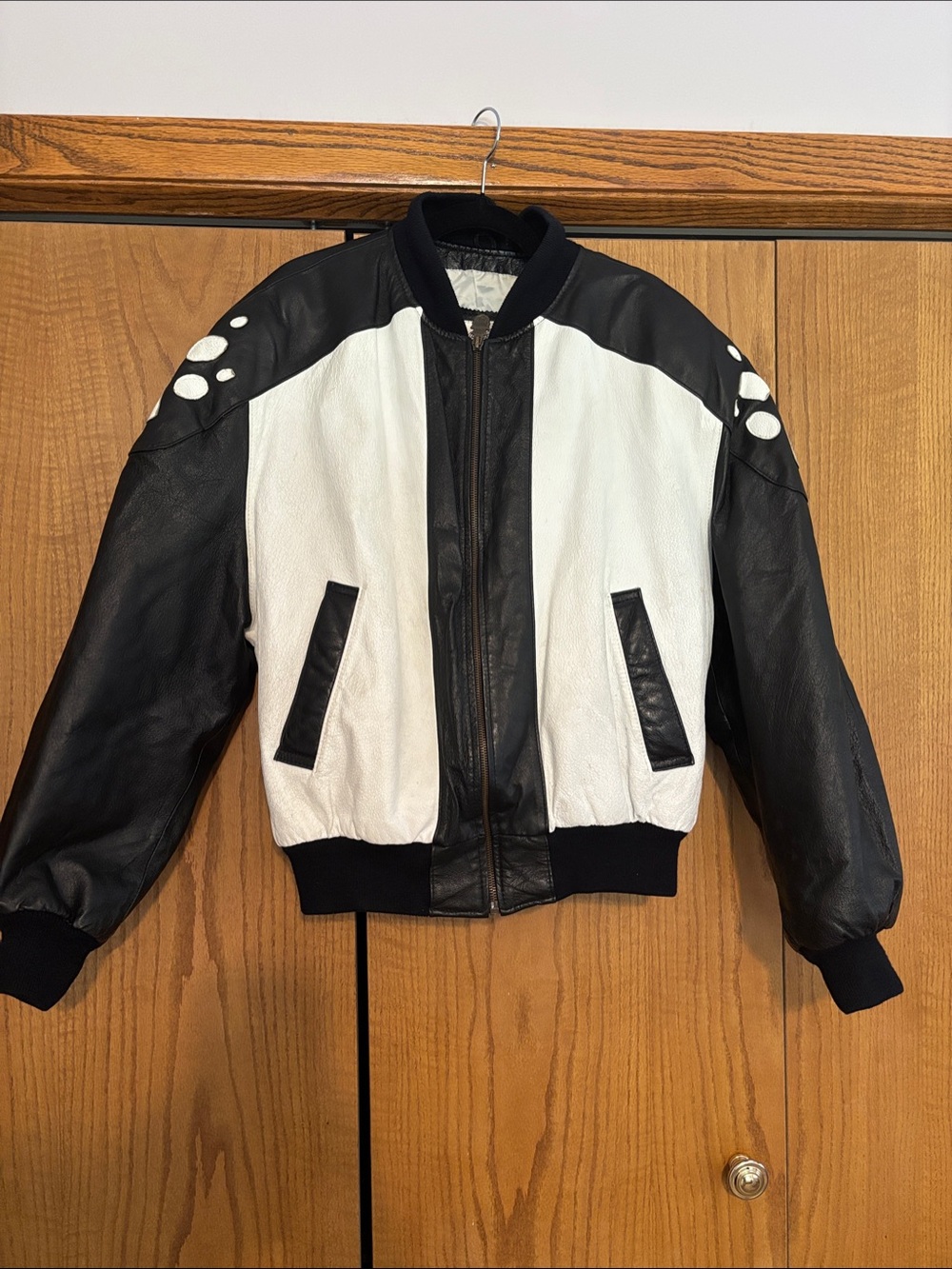 Michael Hoban Black and White Leather Bomber Jacket